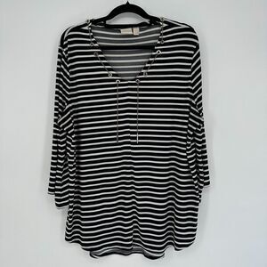 Chicos Womens Blouse Top Size 3 XL Black White Striped Chain Stretch Office Work